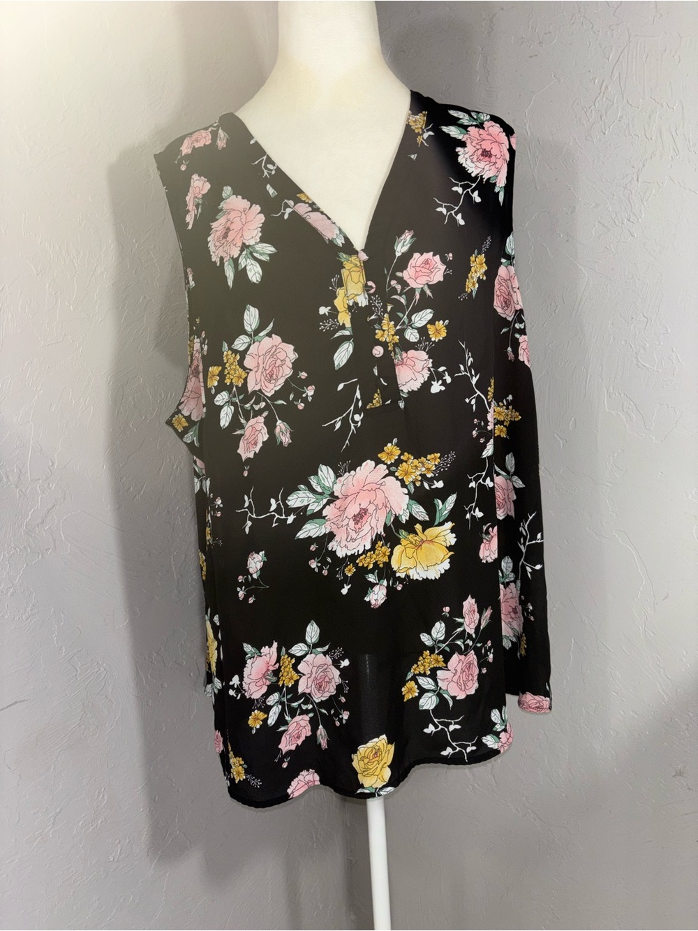 Maurices Black Floral V-Neck Sleeveless Blouse with Pink & Yellow Flowers - Picture 2 of 12